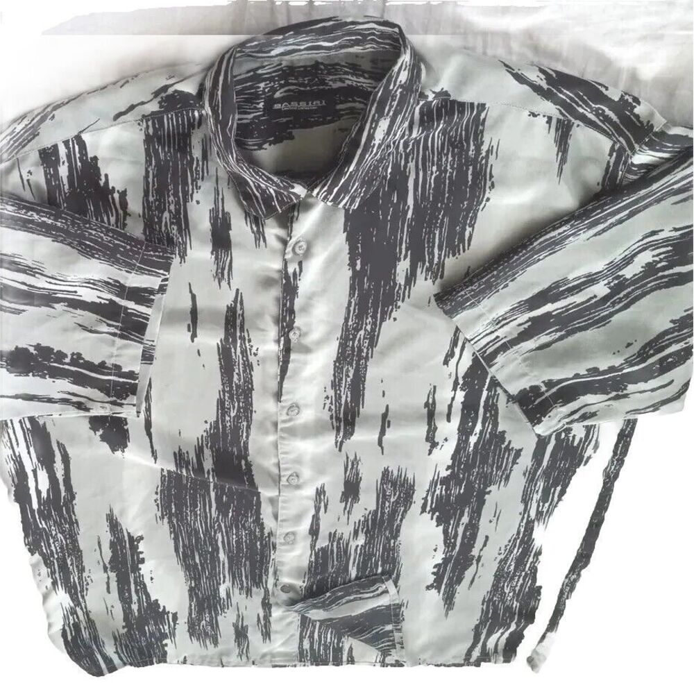 Bassiri Uomo Buttons Men‎ XL Short Sleeve Shirt Microfiber Coumoflage Black Gray